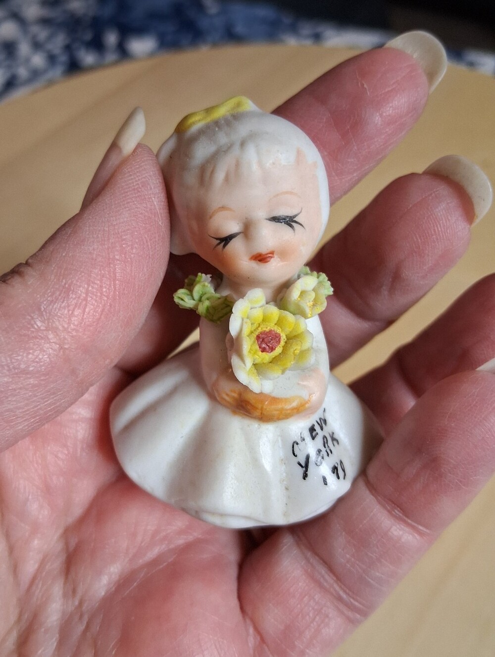 Bisque Vintage Porcelain Flower Girl Mini Figurine in White and Yellow 1979 2"